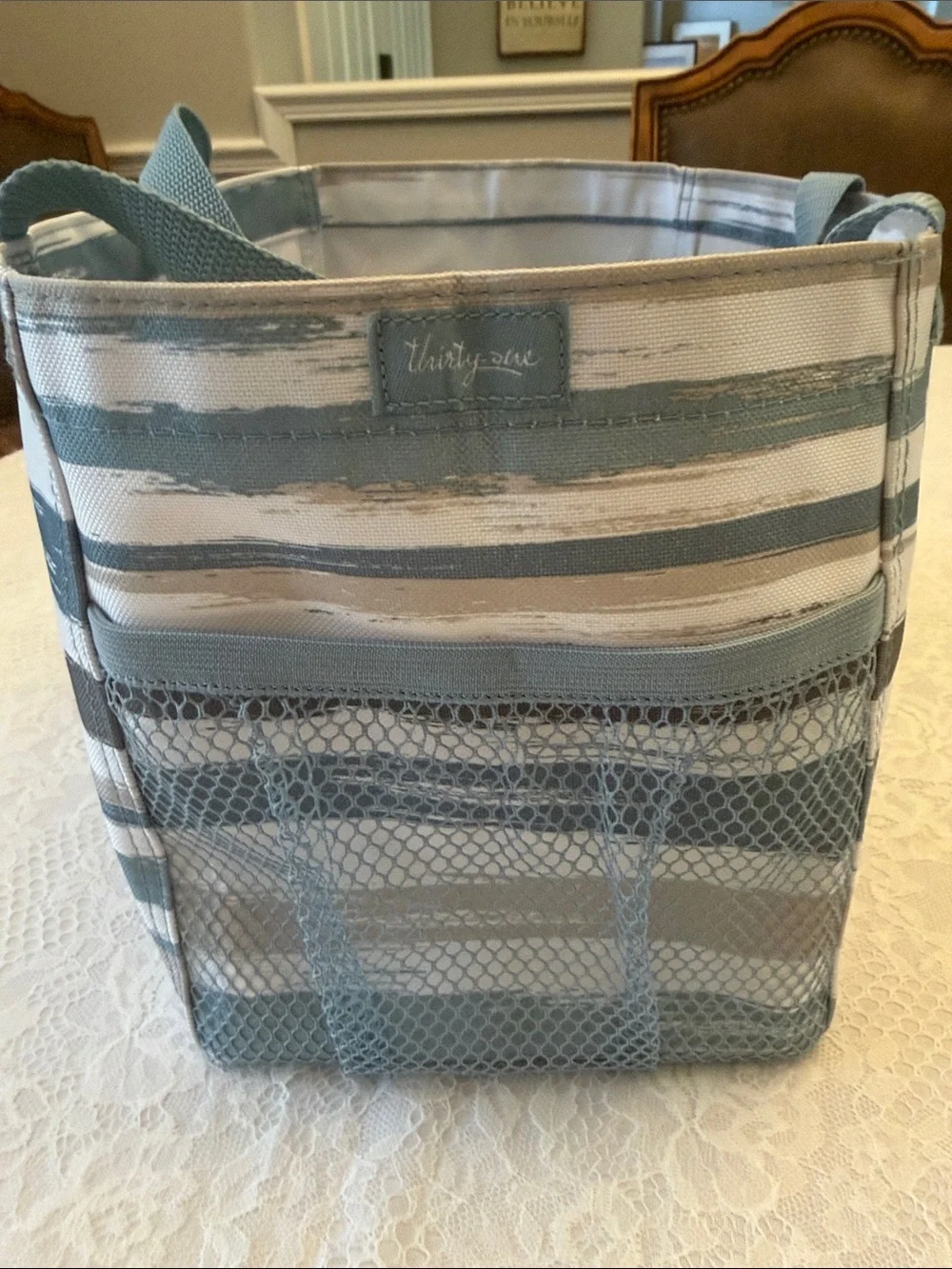 Thirty-One Brush Stroke Striped Blue and Gray Women’s Tote Bag